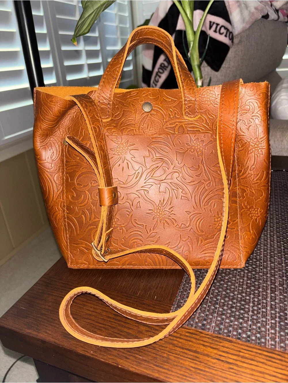 Portland Leather mini Embossed Floral Tote in Meadow